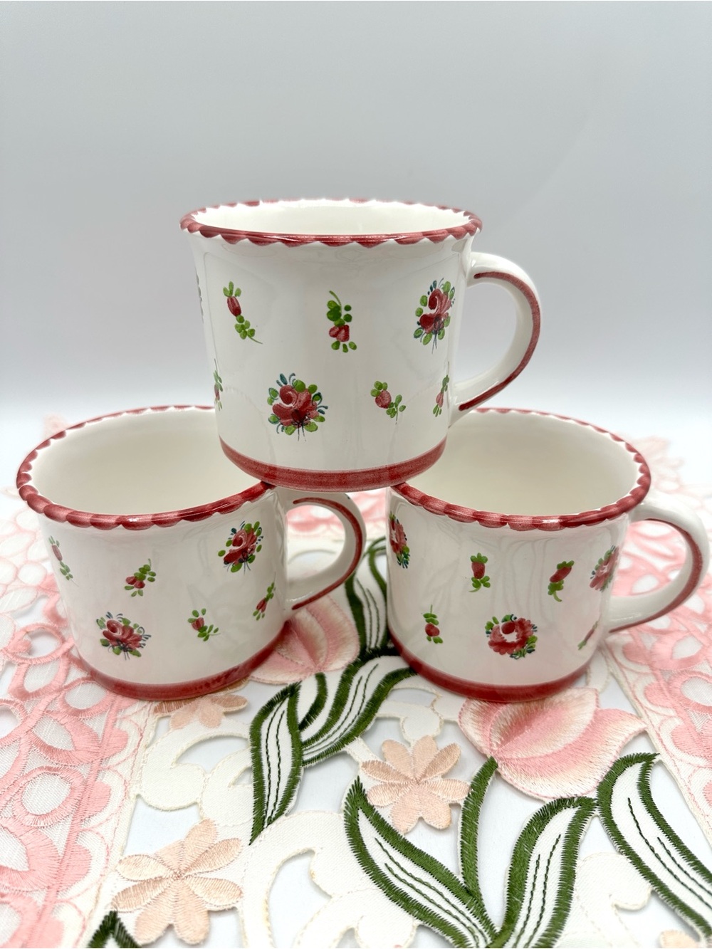 3 Austrian Gmundner Keramik Mugs. Biedermeier pattern. Hand Painted.